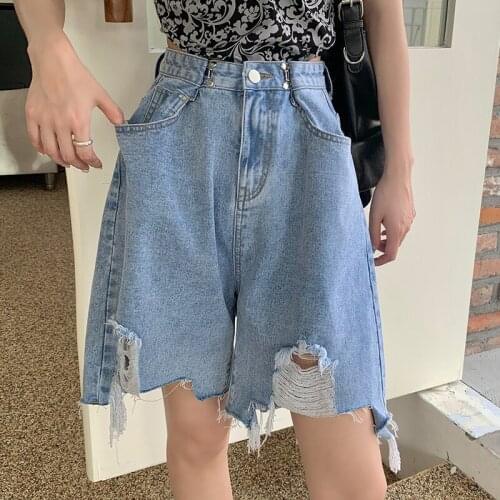 Summer Adjustment Button High Waist Shorts Jeans Feminino Loose Plus Size Denim Straight Ripped Hold Jean Spodnie Damskie