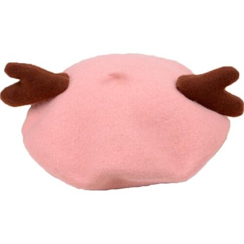 JOYHY Cute Kids Girl Boys Reindeer Horn Cartoon Wool Artist French Style Berets Cap Hats 2021 Children Christmas Baret Flat Hat