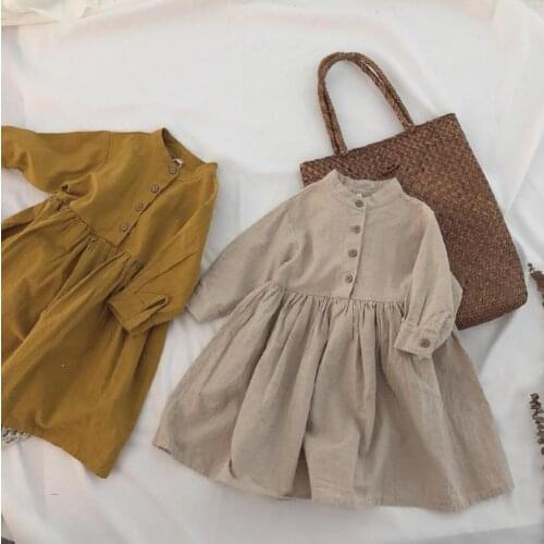 2021 Korea style girls dress fashion cotton linen full sleeve autumn girls dresses
