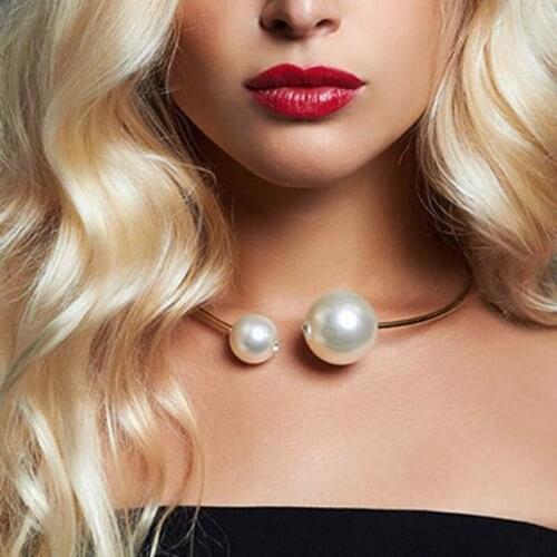 Fashion Women OL Cuff Gold Filled Torques Rhinestone Irregular Two Big Pearls Choker Collar Bohemian Necklaces