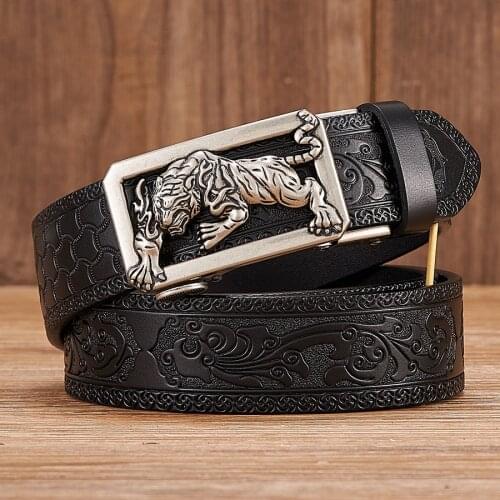 Fashion Tigger Buckle with Tang Grass Pattern Leather Belt for Men Work of Art Belt Automatic Buckle Business Belt