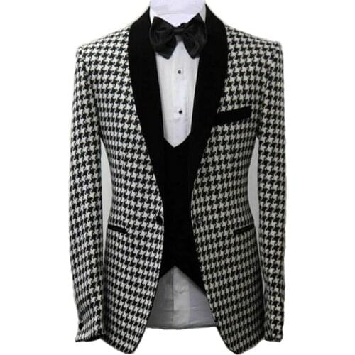 Men Houndstooth Dogstooth Suit Checkered Tuxedos Groom Prom Wedding Suit Blazer Custom made Man Suits Jacket+ pants+est