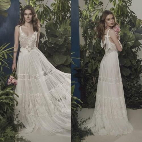 Cheap Lace Wedding Dresses 2020 Lace Appliques Spaghetti Backless Vestido De Noiva Custom Made Beach Bridal Gowns