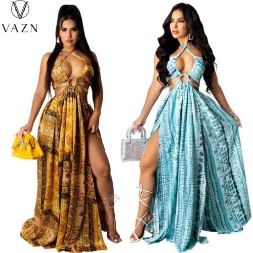 VAZN New 2021 Sexy Club Birthday Deep V-neck Maxi Dress Casual Print Women Elegant Fashion Female Dress Club Shinny Dress