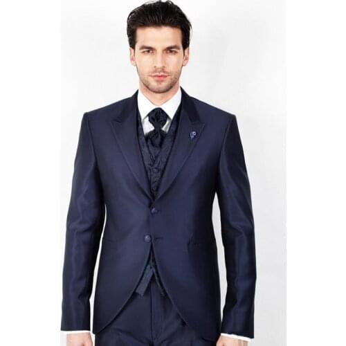 New Arrival Two Buttons Navy Blue Groom Tuxedos Groomsmen Peak Lapel Mens Suits Blazers (Jacket+Pants+Vest+Tie) W:1052
