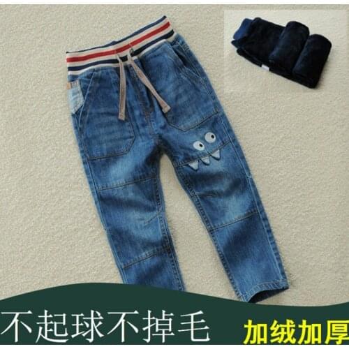 Winter new childrens boys jeans plus velvet thick pants cartoon childrens pants