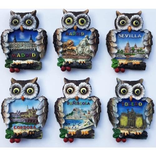 QIQPP Spain Madrid Seville Toledo tourism commemorative decorative crafts stereo owl refrigerator stickers
