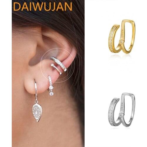 DAIWUJAN 925 Sterling Silver Double Layers Clip on Earrings For Women Gold Silver Zircon Ear Cuff Without Piercing Fine Jewelry