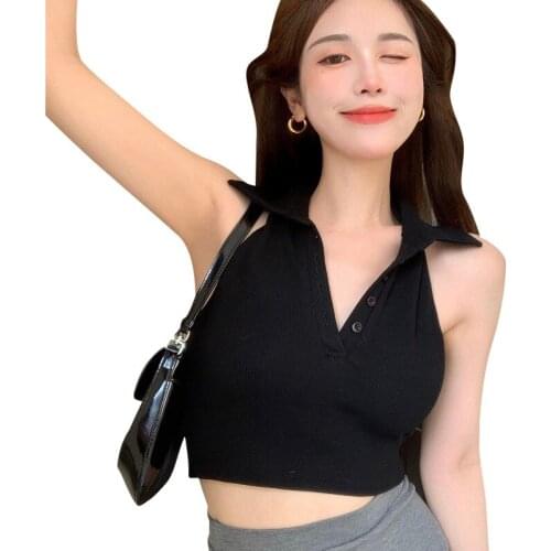 Summer Womens Tops 2021,Young Girls Sexy Halter Vest Fashion Solid Color Backless Lapel Exposed Navel Suspender Pullover Shirts