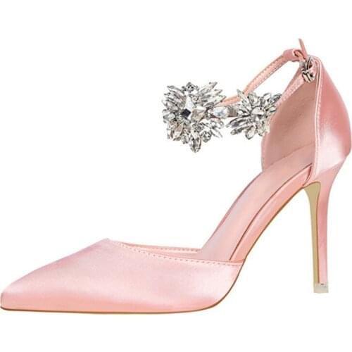 Elegant Rhinestone Flower High Heels Pumps Woman Stiletto Pointed Toe Buckle Strap Wedding Pumps Female Office Dress Shoes