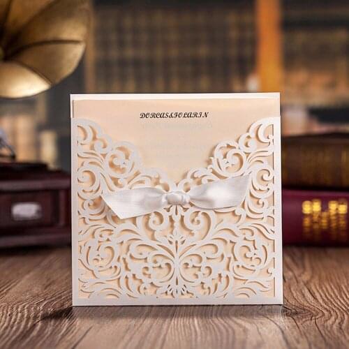 Wishmade White Square Laser Cut Wedding Invitations for Engagement Marriage Birthday with Bow Hollow Wedding Cards,100pcs/lot