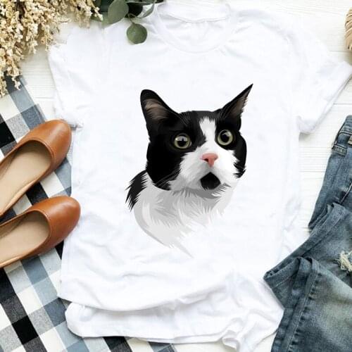 Women Lady Cat Cartoon Funny Pet Animal Cute Printing Fashion Tshirt Shirt Clothes Top Graphic Female T Tee Womens T-shirt