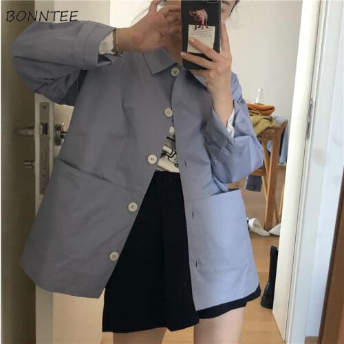 Basic Jackets Women Pockets Single-breasted Solid Turn-down Collar Loose Spring Summer Korean Retro Daily All-match Sweet Ladies