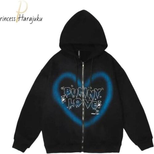 Y2k Zip-up Hoodie 2021 Women Hip Hop Streetwear Graffiti Heart Letter Bear Print Sweatshirt E-girl Autumn Harajuku Punk Outwear