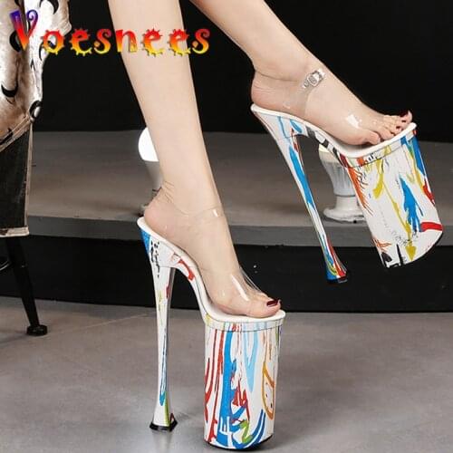 Feather Decoration Nightclub Women Shoes Sexy Open Toe Striptease Sandals Summer New Stiletto Super High Heels 27CM Mixed Colors