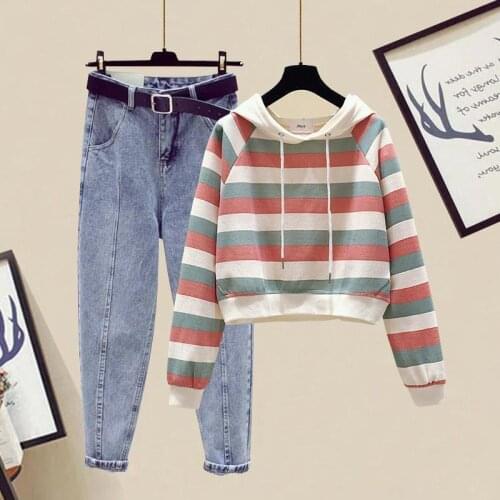 2021 Women Autumn New Fashion Sets Female Striped Hooded Hoodie Tops Ladies High Waist Harem Denim Pants Two Piece Suits P217