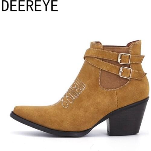 New Western Chelsea Cowboy Ankle Elasticity Knight Boots Women Winter 2021 Vintage Block Chunky Heels Embroidered Buckles Shoes