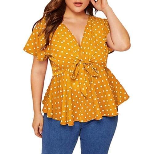Women Polka Dot Tops Plus Size Blouse 2021 Fashion V Neck Tops Casual Short Sleeve Shirt Knot Front Blouses Camisetas De Mujer