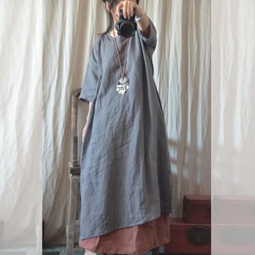 Women Ramie Solid Color Dress Ladies Vintage Robe Dress Female Loose Retro Round Neck Dress 2018 Summer