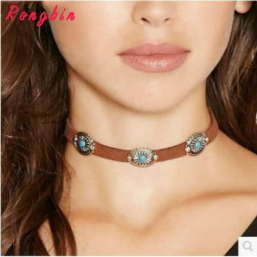 2017 Ethnic Vintage Leather Choker Necklace Women Bohemian Chokers Necklace Flower Chocker Boho Collier ras de cou