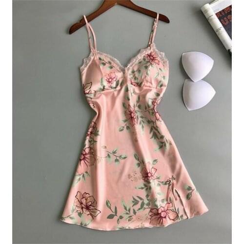 2019 Sexy Women Floral Satin Silk Nightdress V-Neck Gecelik Lace Sleepwear Dress Print Nightgowns