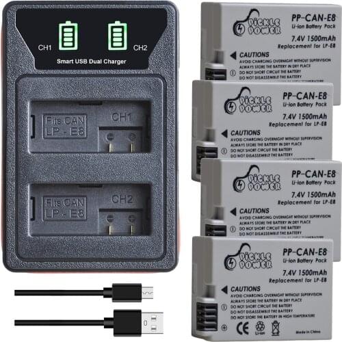 4pcs LP-E8 LPE8 Battery + LED Built-in USB Dual Charger for Canon EOS 550D 600D 650D 700D X4 X5 X6i X7i T2i T3i T4i T5i