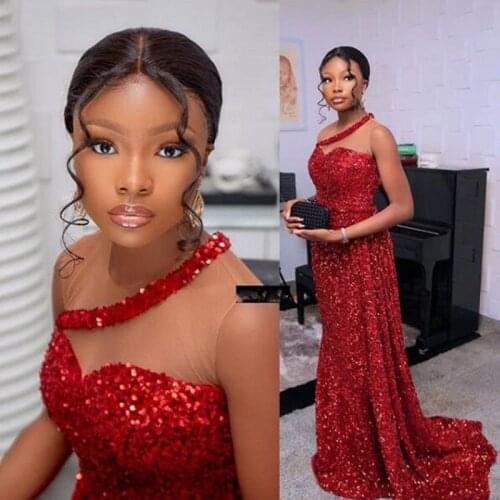 Sparkly Red Sequined Prom Dresses South African Sheer Neck Sleeveless Evening Gowns Zipper Back Formal Party Dress