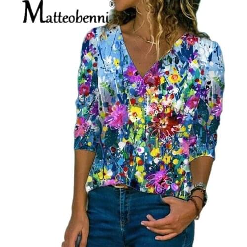 Summer New Boho Flower Blouses Womens Fashion Shirt V-Neck 3/4 Sleeve Flower Print Shirt Tops Casual Loose Ladies Floral Blouse