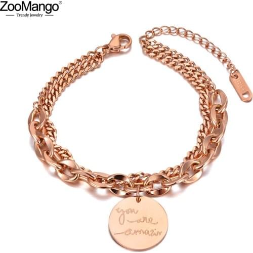 ZooMango Boho Titanium Stainless Steel You Are Amazing Charm Bracelets For Women Trendy Double Layer Chain Bracelet ZB20153