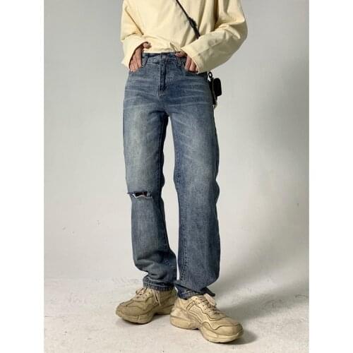Knee Ripped Jeans for Men Korean Fashion Clothing Casual Baggy Jeans Straight Man Trousers Designer Hip Hop Jeans Blue Denim