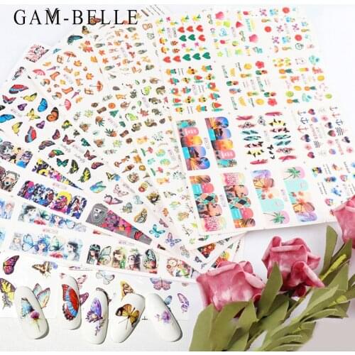 GAM-BELLE 12 Sheets Glitter Butterfly Pattern Nail Art Sticker Full Cover Water Transfer Polish Foil Decals Nail Art Decoration