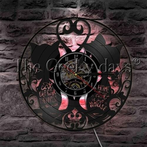 Cat Couple Silhouette LED Lighting Vinyl Record Wall Clock With LED illumination Home Without A Cat Is Just A House Decor