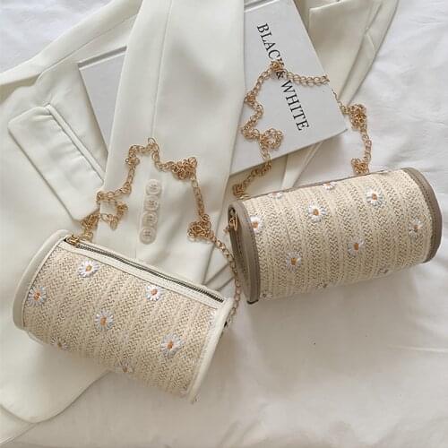 Small Fresh Woven Bags Women Summer Fashion Texture Flower Shoulder Bag Popular Simple Cylinder Crossbody Bags for Women 2021