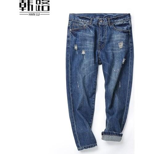 Fashion New mens Hole jeans Spring autumn blue Denim Pencil pants male slim Washed retro ankle-length pants Mid waist zip jeans