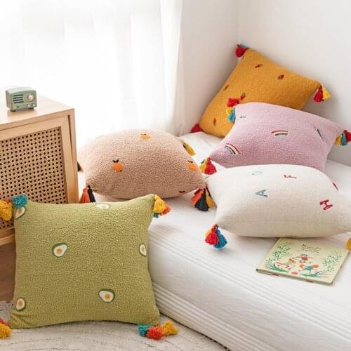 Soft Cushion Cover 45x45cm Fluffy Comfort Pillow Cover Embroidery Home Decorative Rainbow Tassles for Living Room Bed Room