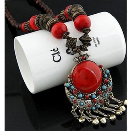 New Ethnic Bohemian Necklace Handmade Stone Tassel Wooden Beads Large Gemstone Necklace Long Womens Jewelry Gifts