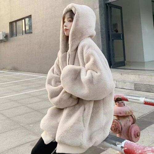 New winter Faux Fur Women Coat With Hood Loose plus size Faux Fur Jacket Fashion warm Fake Fur overcoat