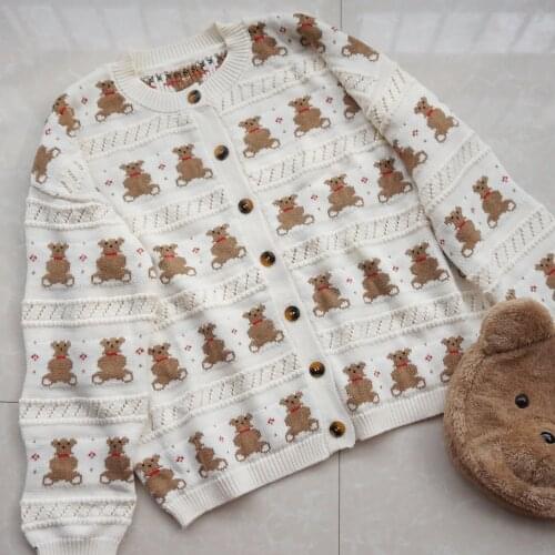 Autumn and Japanese Soft Girl Childlike Vintage Bear Hollow Cardigan Long-sleeved Girl Knitting Student Loose Sweater Coat