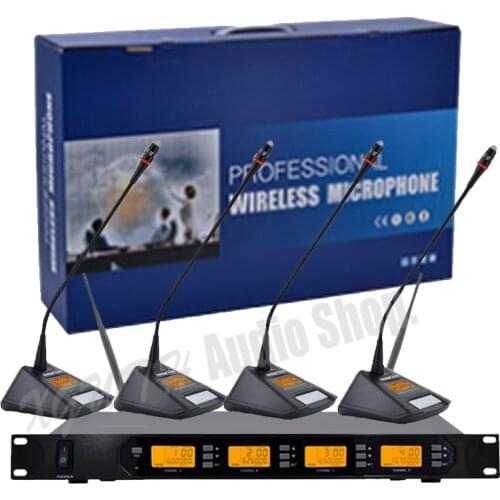 Professional 4 Channel Digital UHF Wireless Microphone System Receiver With 4 Conference Gooseneck Mic Set for Business Meeting