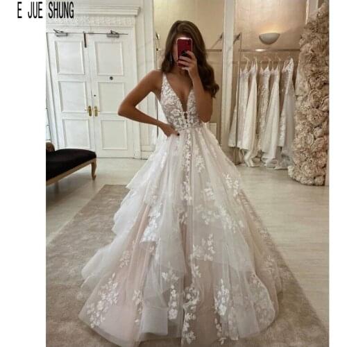 E JUE SHUNG Romantic Wedding Dresses V Neck Lace Appliques Ruffles Skirt Wedding Gowns Zipper Back Bridal Dresses robe de mariee