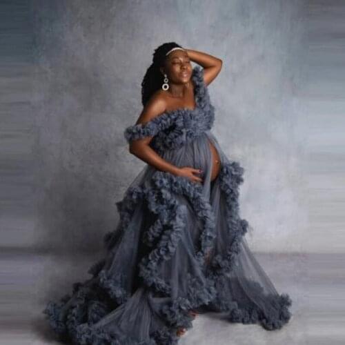 Dark Grey Maternity Dresses A Line Tulle Ruffled Prom Pregnant Gown for Photoshoot Boudoir Lingerie Puffy Bathrobe Nightwear