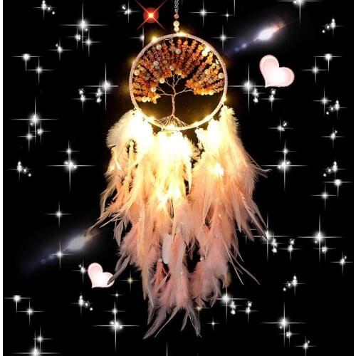 Handmade Dream Catcher Ornament Pink Gravel Tree Of Life Craft Pendant With Feathers Home Hanging Ornament Girls Kids Gifts