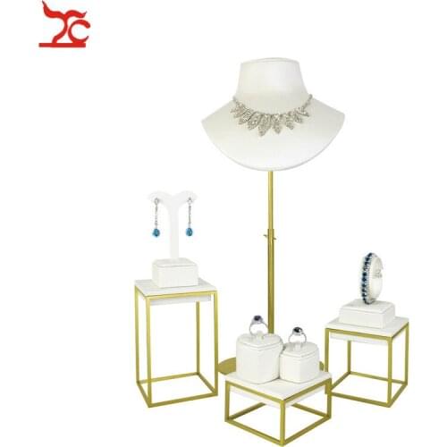 Jewelry Earring Display Necklace Showcase White PU Jewelry Display Stand Gold Quality Plating Stainless Steel