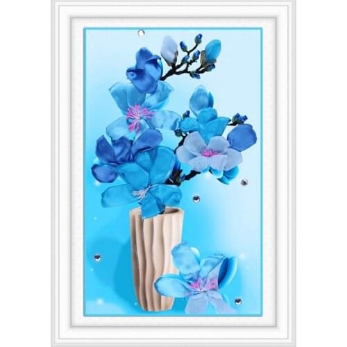 Needlework,DIY Ribbon Cross stitch Sets for ribbon Embroidery kit,love vase Blue flower Cross-Stitch handcraft wall home decor