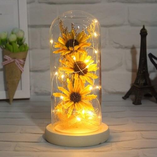 4colors Dried flower flowers glass cover sunflower led light office home decoration decor Valentines day birthday gift wedding
