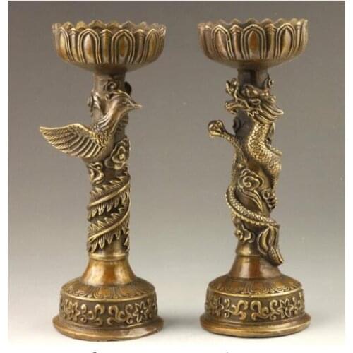 YM 304 Chinese Handmade Fine Dragon And Phoenix Bronze Candlestick Pair