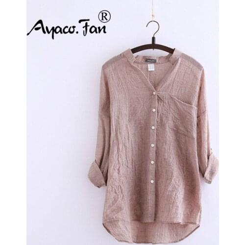 Brand New Korean Style 2019 Women Shirts Three Quarter Sleeve Stand Collar Shirts Women Little Fresh Loose Cotton Casual Shirts