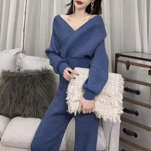 2019 Fashion Autumn Winter New Thicken Solid Warm Sweater and Wide Leg Pant Suits Knitted Women 2 Pieces Pant Sets XZ666