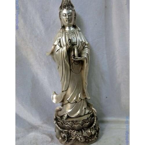17" China Silver Buddism godness Guanyin net bottle buddha Sculpture Statue