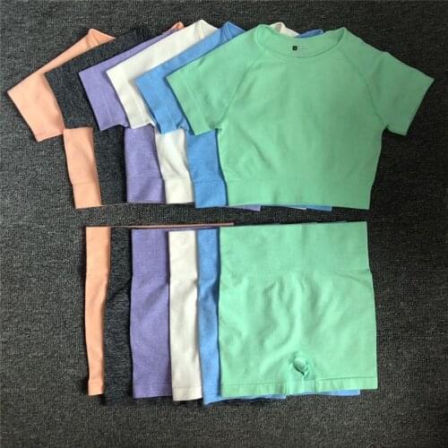 2 pcs/set Women Short Sleeve High Waist Shorts Sportswear Yoga Set Vital Seamless Sport Suit Gym Clothing Fitness Crop Top Shirt